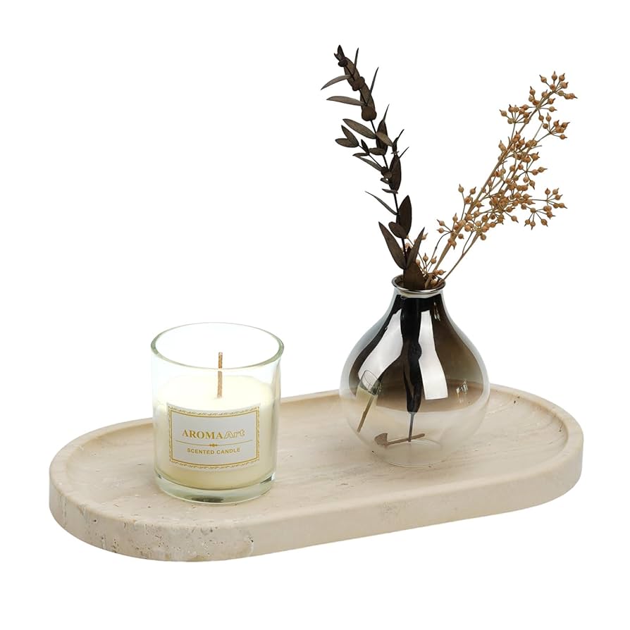 Koville Italian Natural Travertine Vanity Decorative Marble Tray, 12"x6" Light Beige Travertine Wabi Sabi Style Catchall Tray for Perfume, Candles, Jewelry