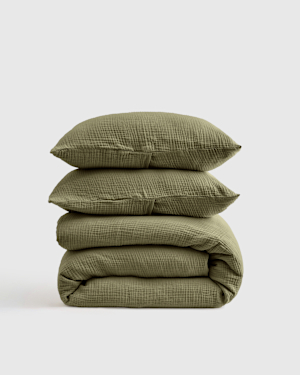 Organic Airy Gauze Duvet Cover Set In Olive