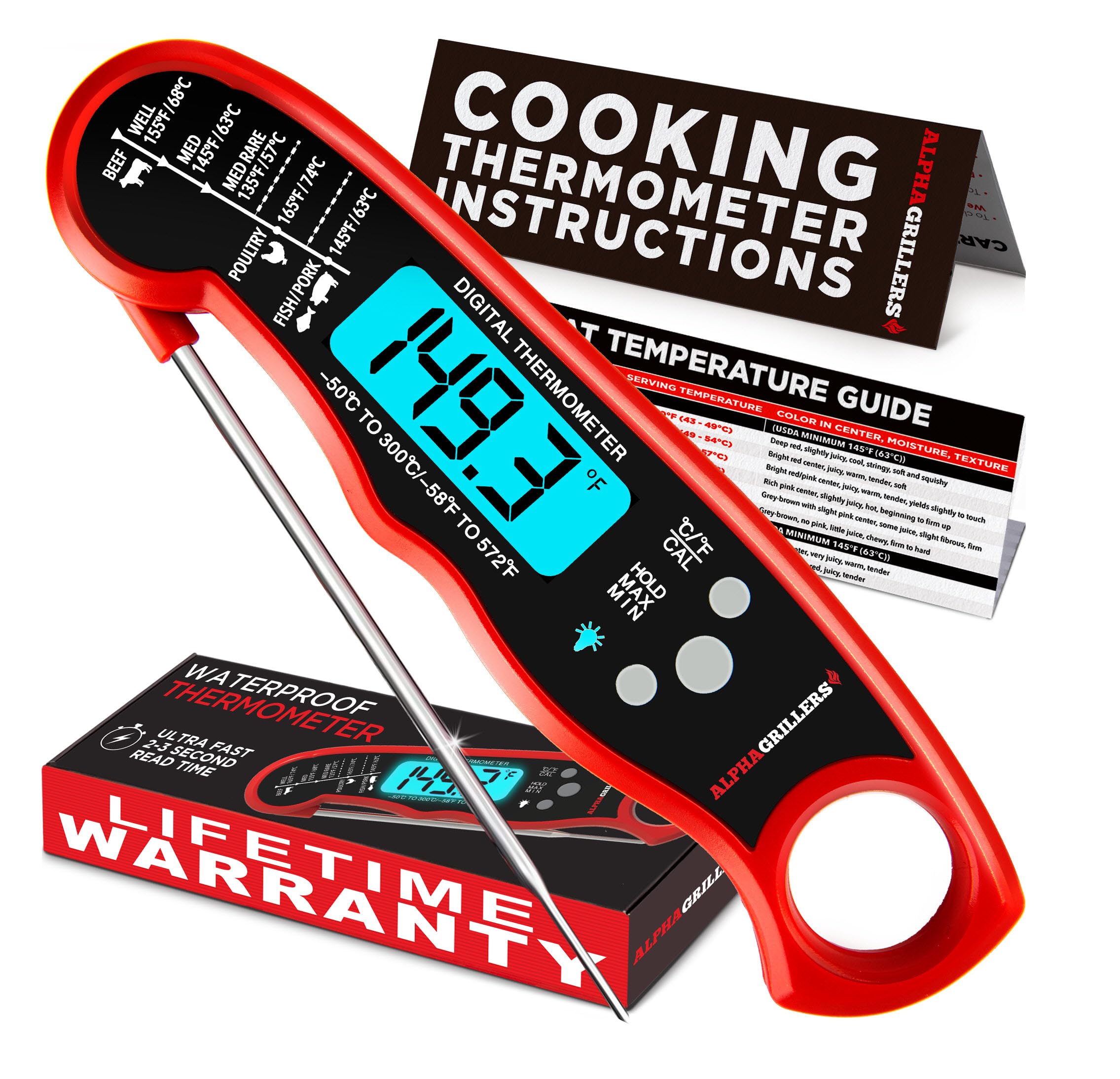 Alpha Grillers Meat Thermometer Digital - Instant Read Food Thermometer for Cooking Grilling Air Fryer Griddle Probe Kitchen Gadgets BBQ Accessories Gifts for Men Stocking Stuffers Him Dad Birthday