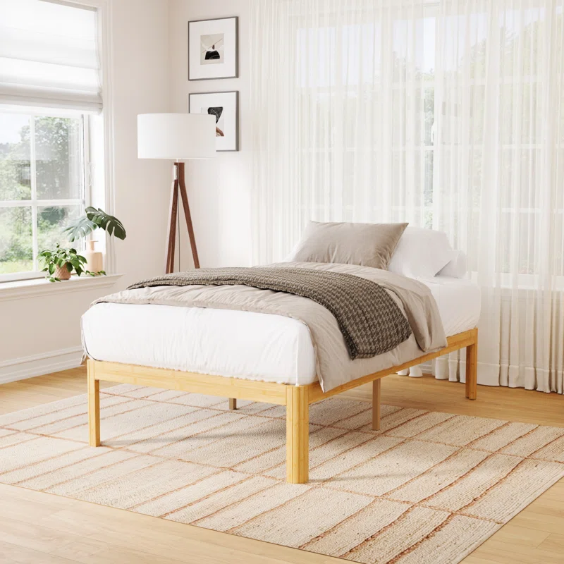Solid Wood and Metal 14" Heavy Duty Bamboo Platform Bed Frame with Iron Legs - Sturdy, Eco-Friendly Tool-Free Assembly,Single Beds for Kids, Teens Students Compact Space-Saving Design with Frame, Ideal for Dorms, Small Apartments Guest Rooms,Twin