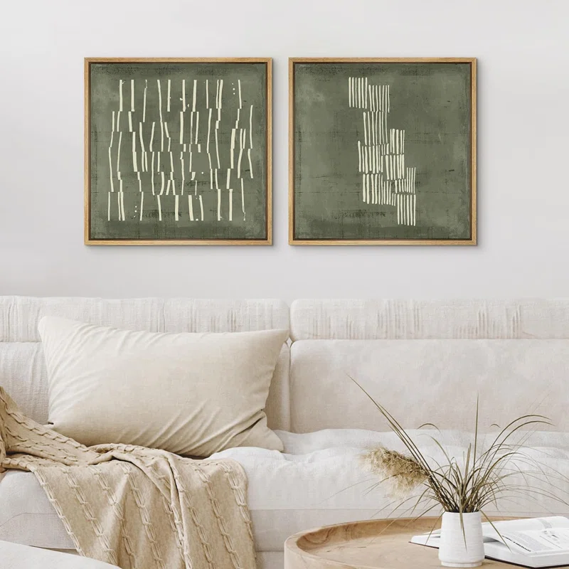 " Fragmented Lines In Green And White Geometric Abstract " 2 - Pieces (Set of 2)