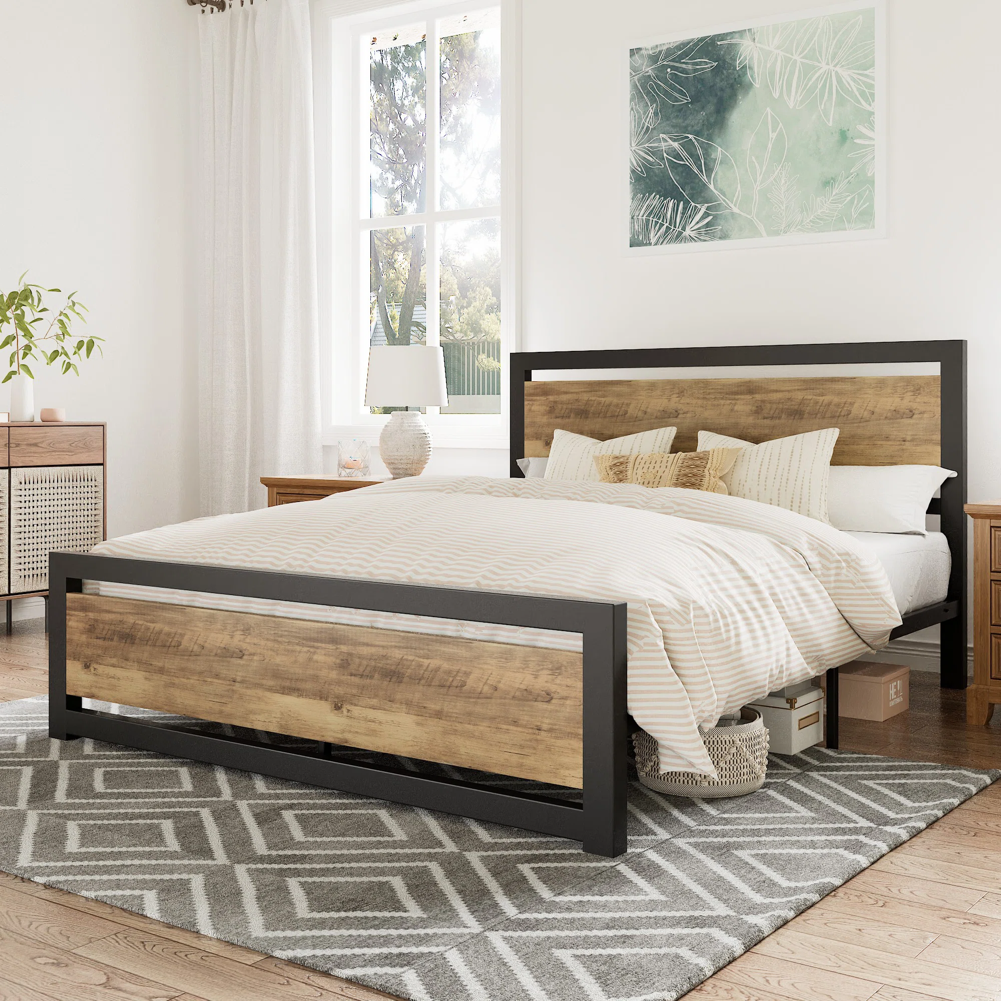 Marilee Wood and Black Metal Frame Bed with Headboard