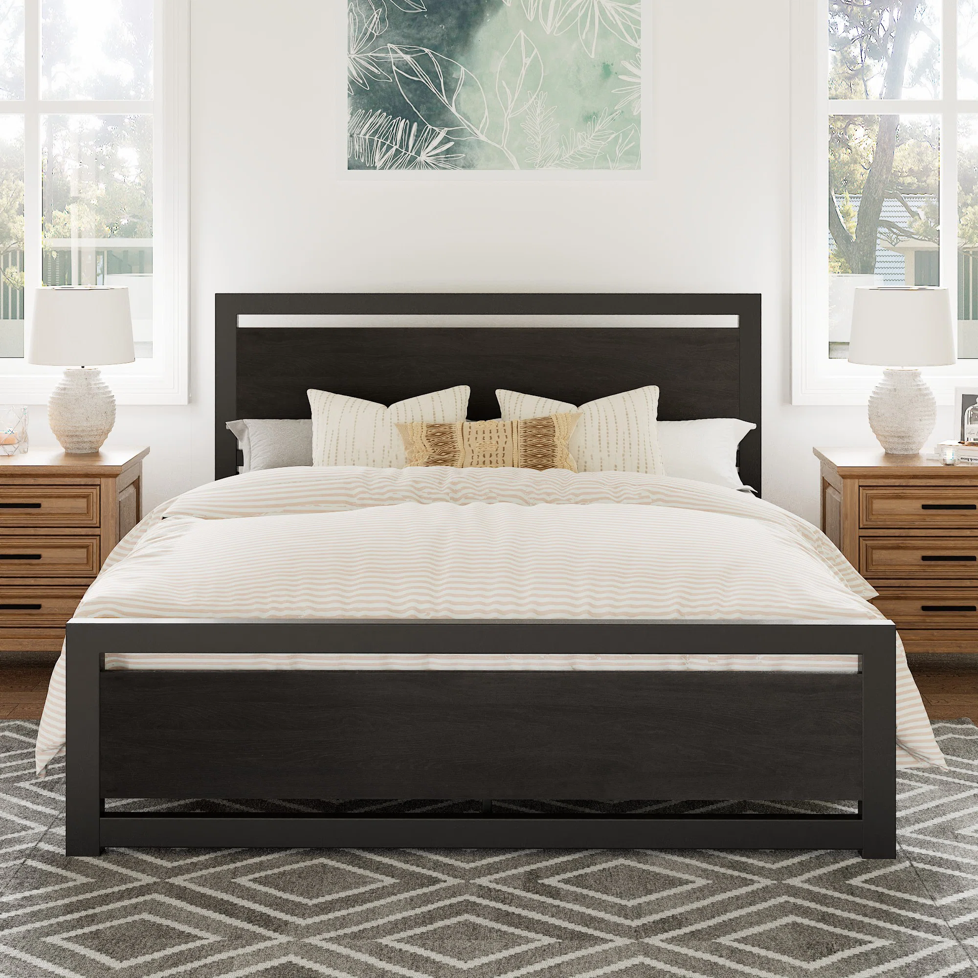Marilee Wood and Black Metal Frame Bed with Headboard