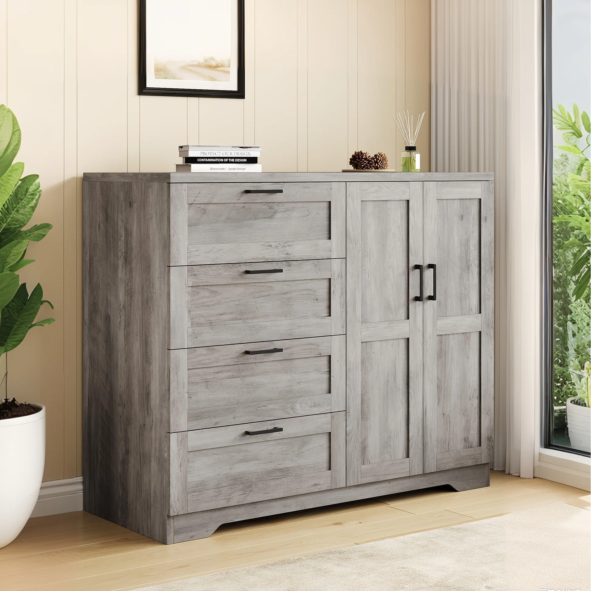 Multifunctional Armoire Wardrobe Closet, 4 Drawers, 2 Doors, Hanging Rod, Bedroom Storage Cabinet