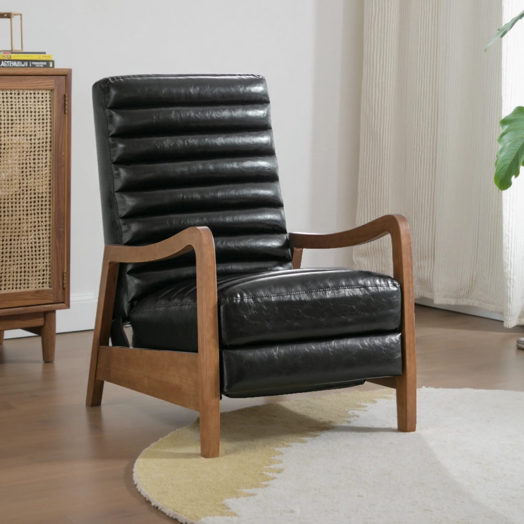 26" Wide Bauhaus Mid Century Waxed Leather Push Back Recliner, Manual Reclining Chair with Solid Wood Frame