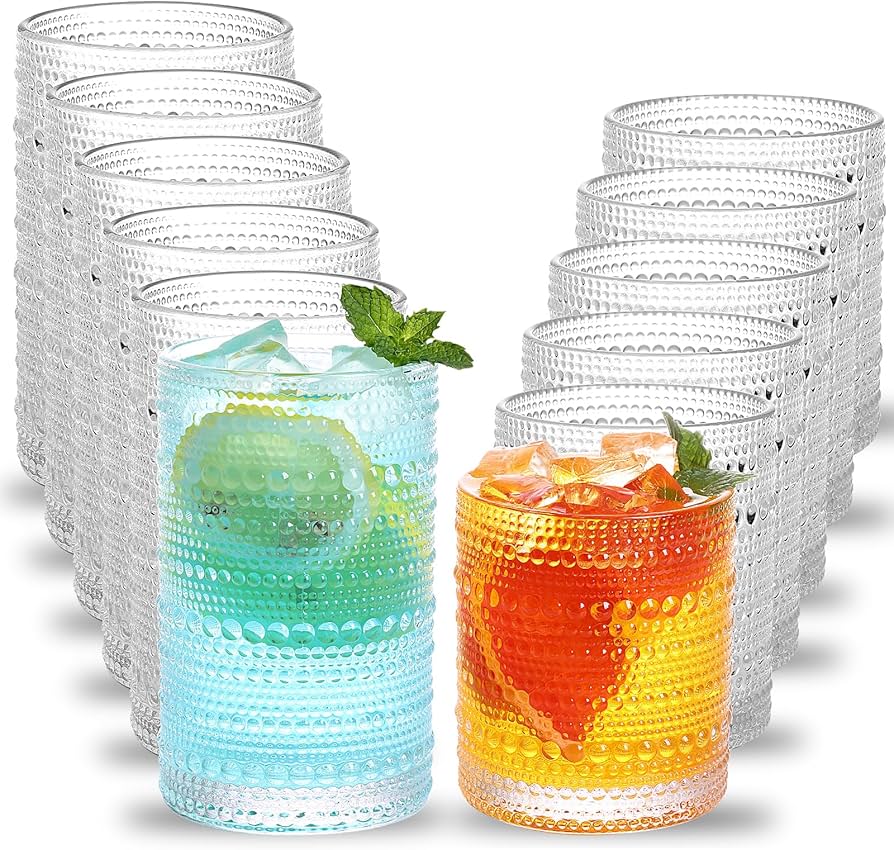 Moretoes Hobnail Drinking Glasses Set of 12,12 Oz Highball Glasses Clear Embossed Boho Water Glass Cups Kitchen Bar Tumbler Glassware Set for Whiskey, Beer, Juice, Milk and Various Mixed Drinks
