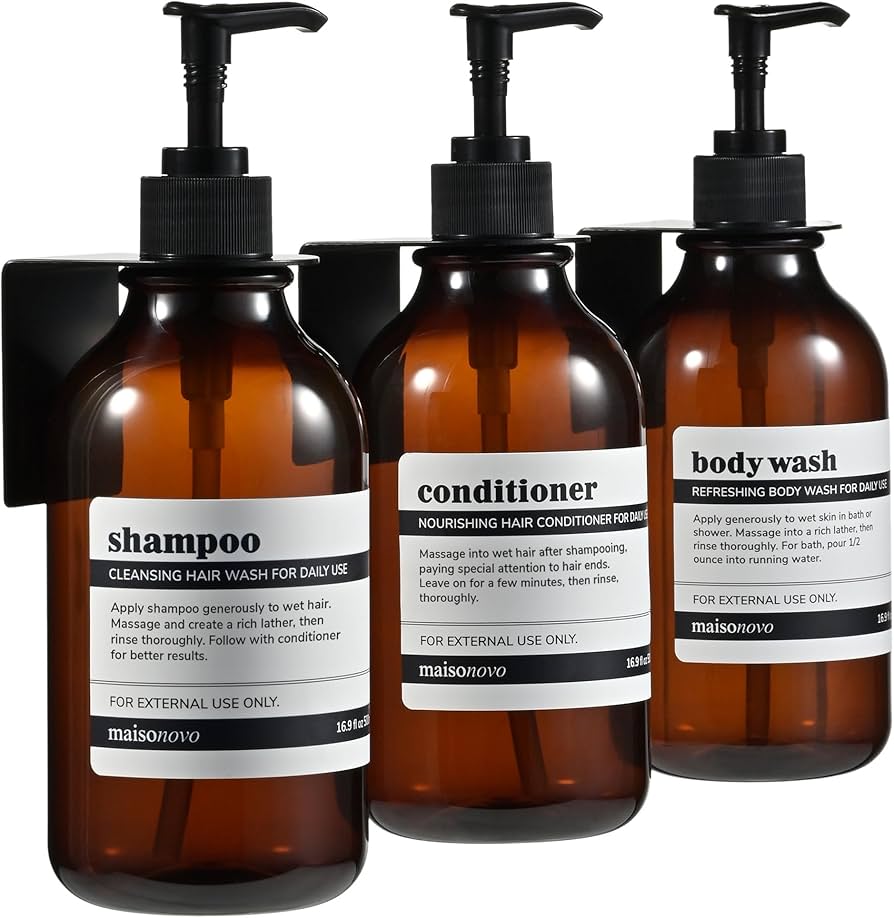 MaisoNovo Shampoo and Conditioner Dispenser - Shower Soap Dispenser Wall Mounted - 16.9 fl oz Set of 2 Amber Plastic Bottles Black Pump - Shampoo Dispenser, Shower Dispenser 2 Chamber No Drill