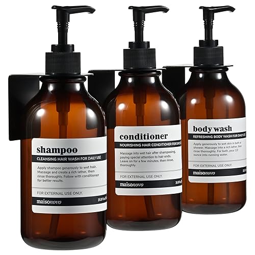 MaisoNovo Shampoo and Conditioner Dispenser - Shower Soap Dispenser Wall Mounted - 16.9 fl oz Set of 3 Amber Plastic Bottles Black Pump - 3 Chamber No Drill