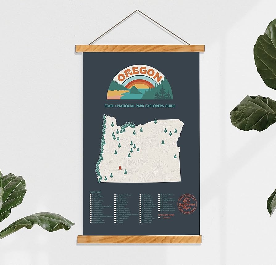 Oregon State Parks Bucket List Poster Gift Set - Features 12x18” Map Of Oregon’s State And National Parks