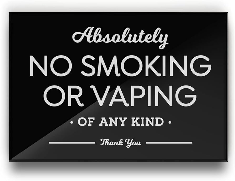 3.5x5 Inch Absolutely No Smoking Vaping of Any Kind Designer Sign ~ Ready to Mount or Lean ~ Premium Finish, Durable (White)