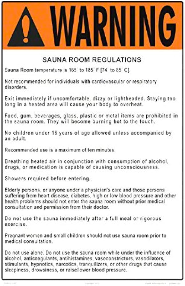 Sauna Room Regulations Warning Sign - 12 x 18 Inches - Styrene Plastic