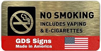 No Smoking Sign - ADA Compliant, with Raised Icons and Lettering- Includes Adhesive Strips for Easy Installation 7" W x 3" H - (Brushed Gold) - Made in USA
