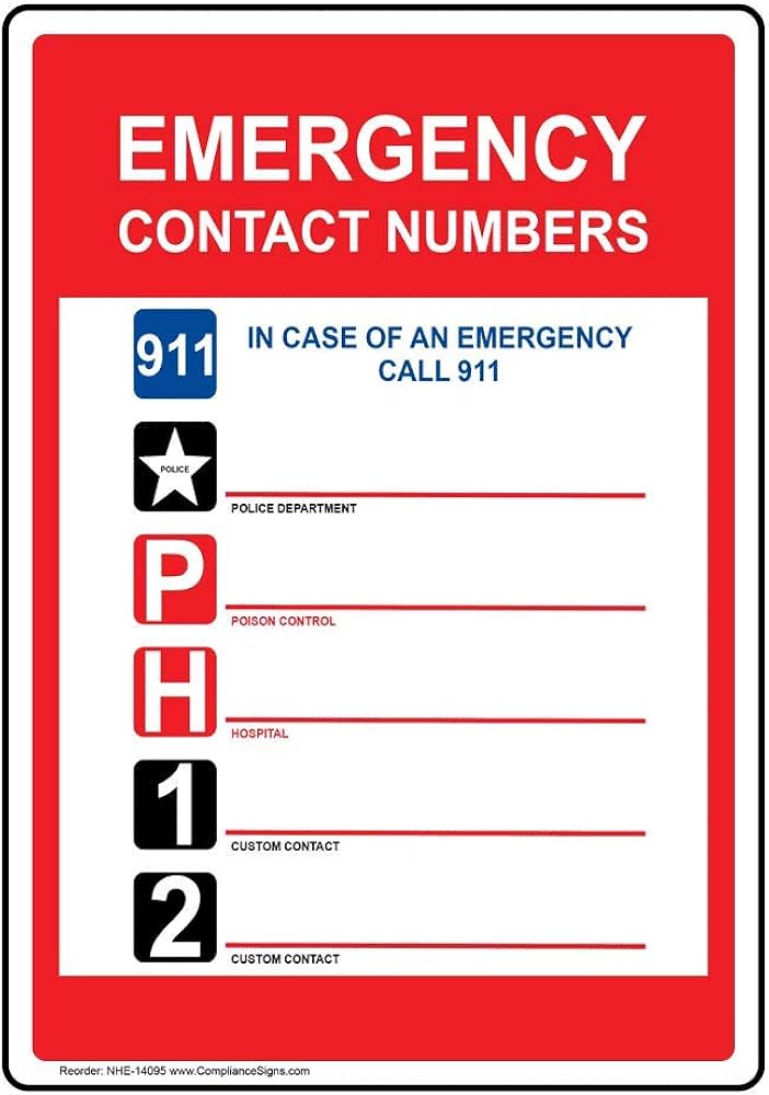 Emergency Contact Sign, 10x7 inch Aluminum for Emergency Response