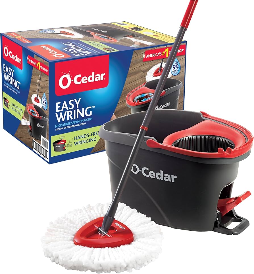 O-Cedar EasyWring Microfiber Spin Mop & Bucket Floor Cleaning System + 2 Extra Refills, Red/Gray