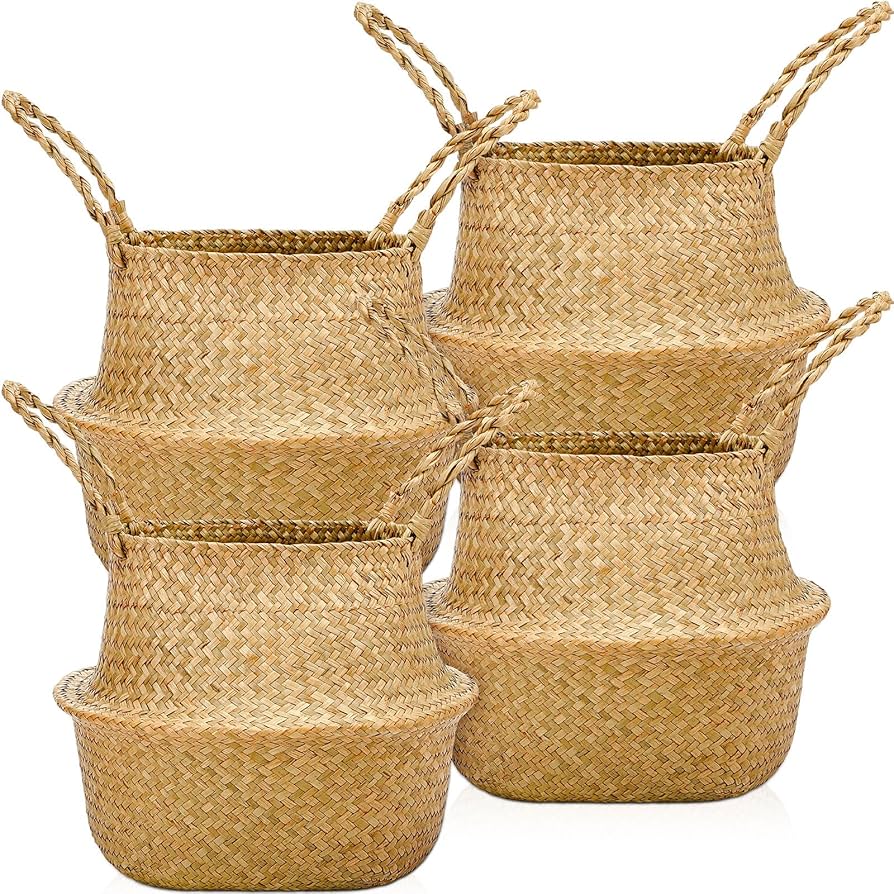 Qunclay 4 Pcs Woven Seagrass Baskets Belly Basket Folding Boho Natural Plant Pot with Handles Round Decorative Wicker Large Indoor Planter for Home Outdoor Tree Planters Decor (12 x 11 Inch)