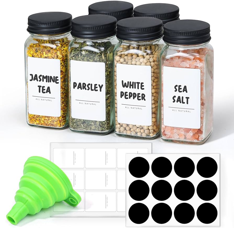 ComSaf 4 oz 6Pcs Glass Spice Jars with Label, Empty Spice Containers with Bamboo Lids, Square Seasoning Containers Trial and Supplement Set, Small Seasoning Bottles for Salt, Herbs, Sugar, Pepper