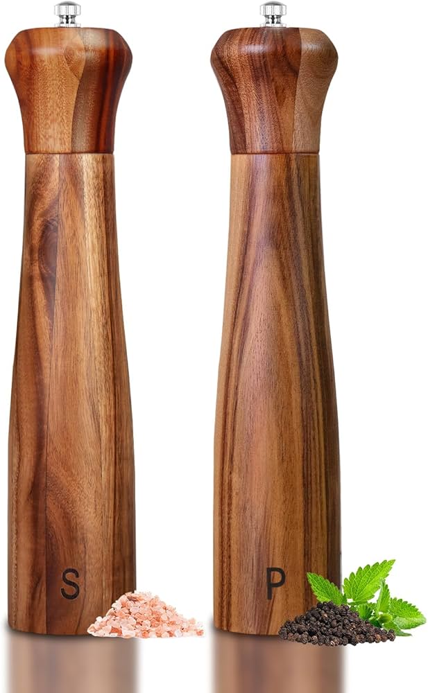 Wooden Salt and Pepper Grinder Set, Refillable Salt and Pepper grinder with adjustable Coarseness, Acacia Wood pepper mill manual, Salt and Pepper Shakers Matching Wooden tray-Ideal for Gifting