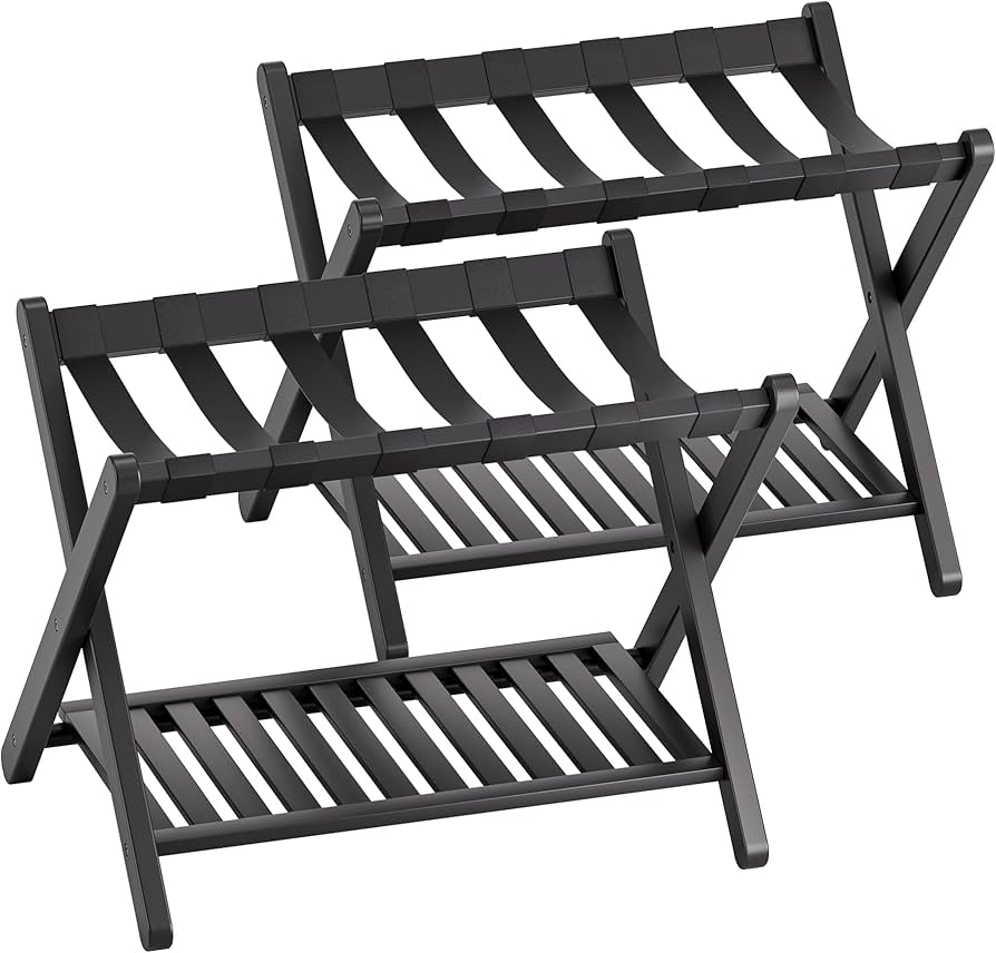 SMIBUY Luggage Rack, Set of 2, Foldable Bamboo Suitcase Stand with Storage Shelf for Guest Room, Bedroom, Hotel, Heavy-Duty (Black)
