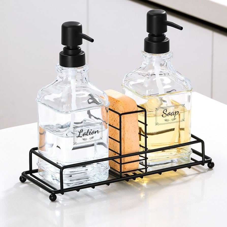 Thick Glass Soap Dispenser Set,14oz Bathroom Hand Liquid Soap Dispensers with Stainless Steel Pump,Dish Soap Dispenser,Soap Dispenser for Bathroom,Kitchen (Amber + White Tray)
