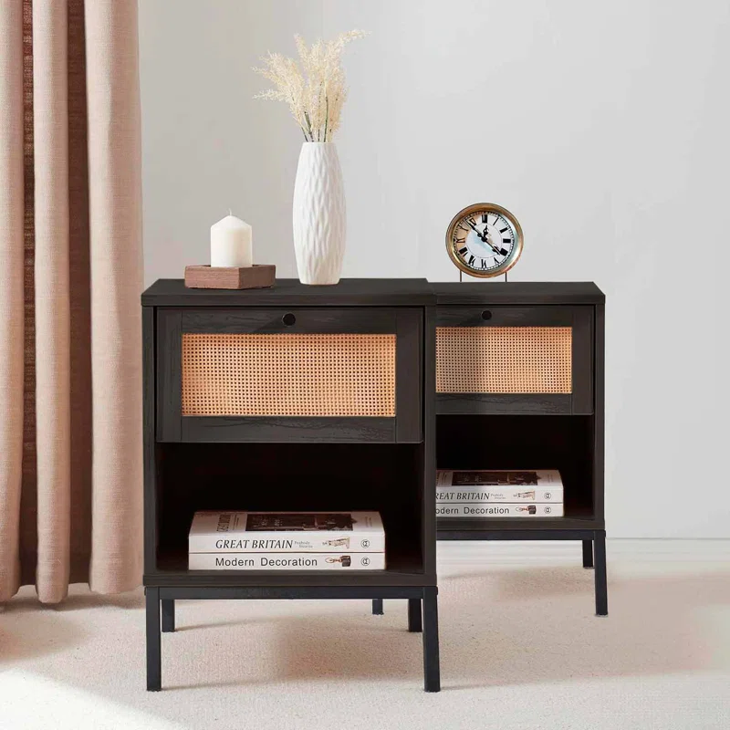 Nestl Wooden Rattan Nightstand End Table with Drawer