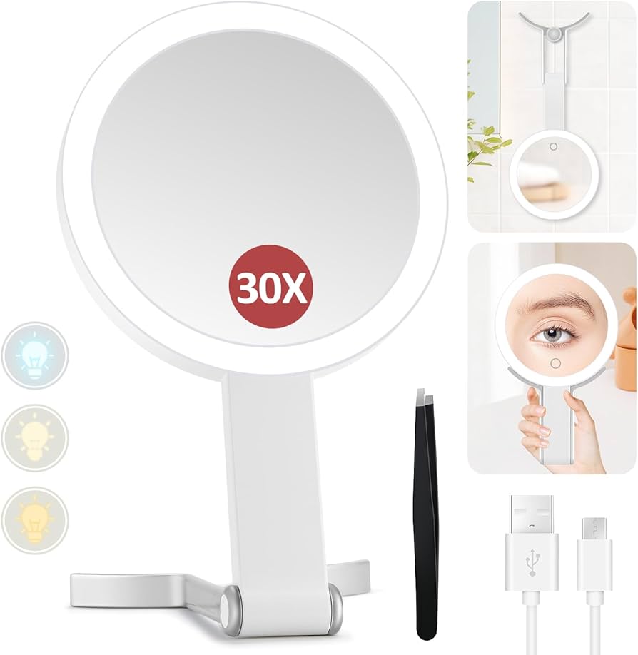 MIYADIVA Makeup Mirror with Lights,20X Magnifying Mirror with Light and Touch Switch,Vanity Mirror with 3 Color Light and 80 LEDs,2-Sided Lighted Magnified Mirrors 8.8 Inches, Black