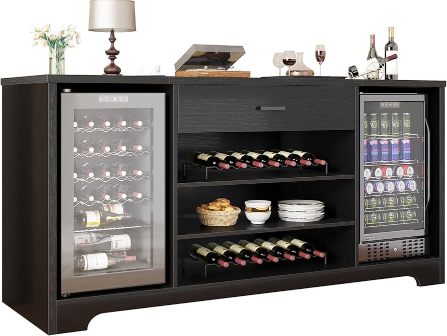 HSH Long Bar Cabinet with Fridge Space, Modern Wood Coffee Wine Liquor Cabinet with Refrigerator Space, Large Wide Sideboard Buffet Cabinet with Drawer Storage for Kitchen Dining Room, Black, 70 Inch