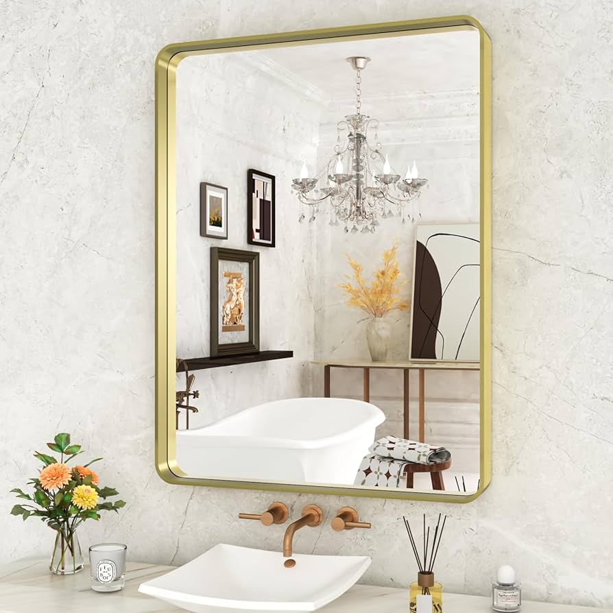 WEER Gold Bathroom Mirror, 20X30 Inch Brushed Gold Metal Frame Mirror, Rounded Rectangle Gold Bathroom Vanity Mirror for Wall, Tempered Glass, Anti-Rust, Hangs Horizontally or Vertically