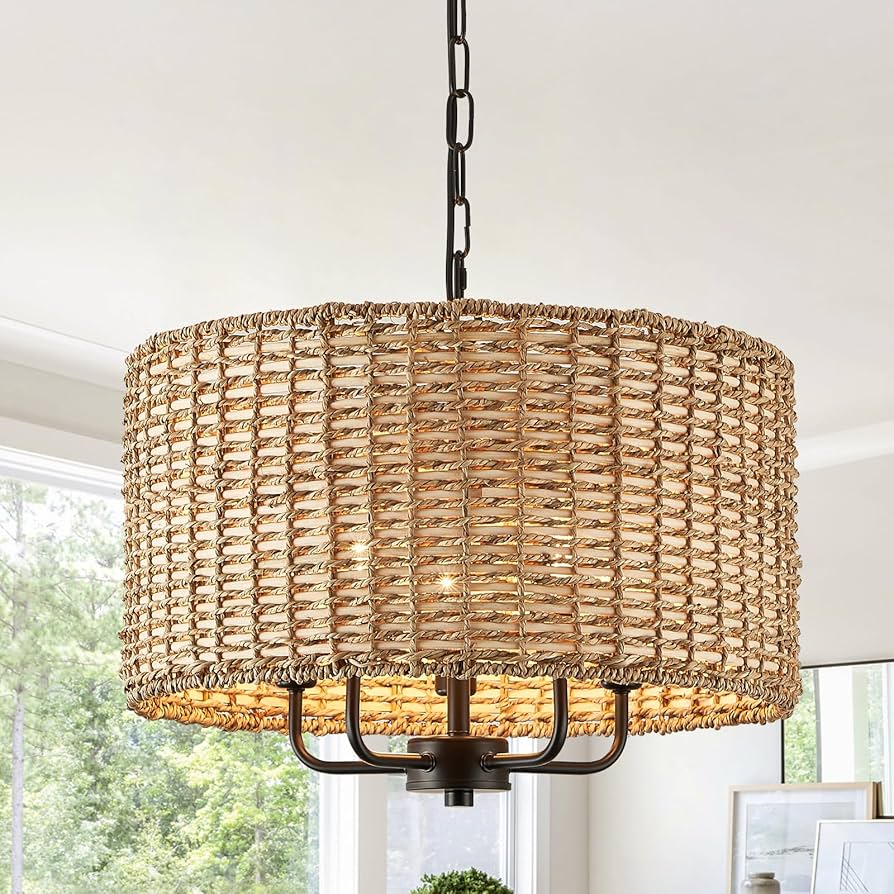 HLMRCHEN 5 Lights Chandeliers 18" Rattan Light Fixture with Drum Woven Shade, Boho Chandelier for Kitchen Island,Entryway,Over Table,Hallway(Ceiling Hanging Mounted Wicker Light Fixture)