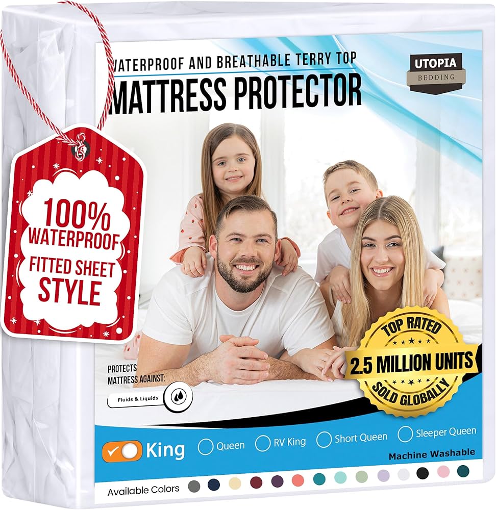 Utopia Bedding Waterproof Mattress Protector King Size, Premium 200 GSM Terry Mattress Cover, Soft & Breathable Bed Cover, Fitted Sheet Style with Stretchable Deep Pockets 17" (White)