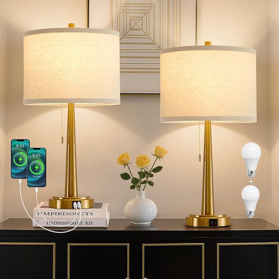 GyroVu 22 Inches Table Lamps, Bedside Lamps with USB and C Ports, Nightstand Lamp with Pull Chain, Gold Lamp Set of 2 for Living Room, Bedroom & Office, Bulbs Included(Gold)