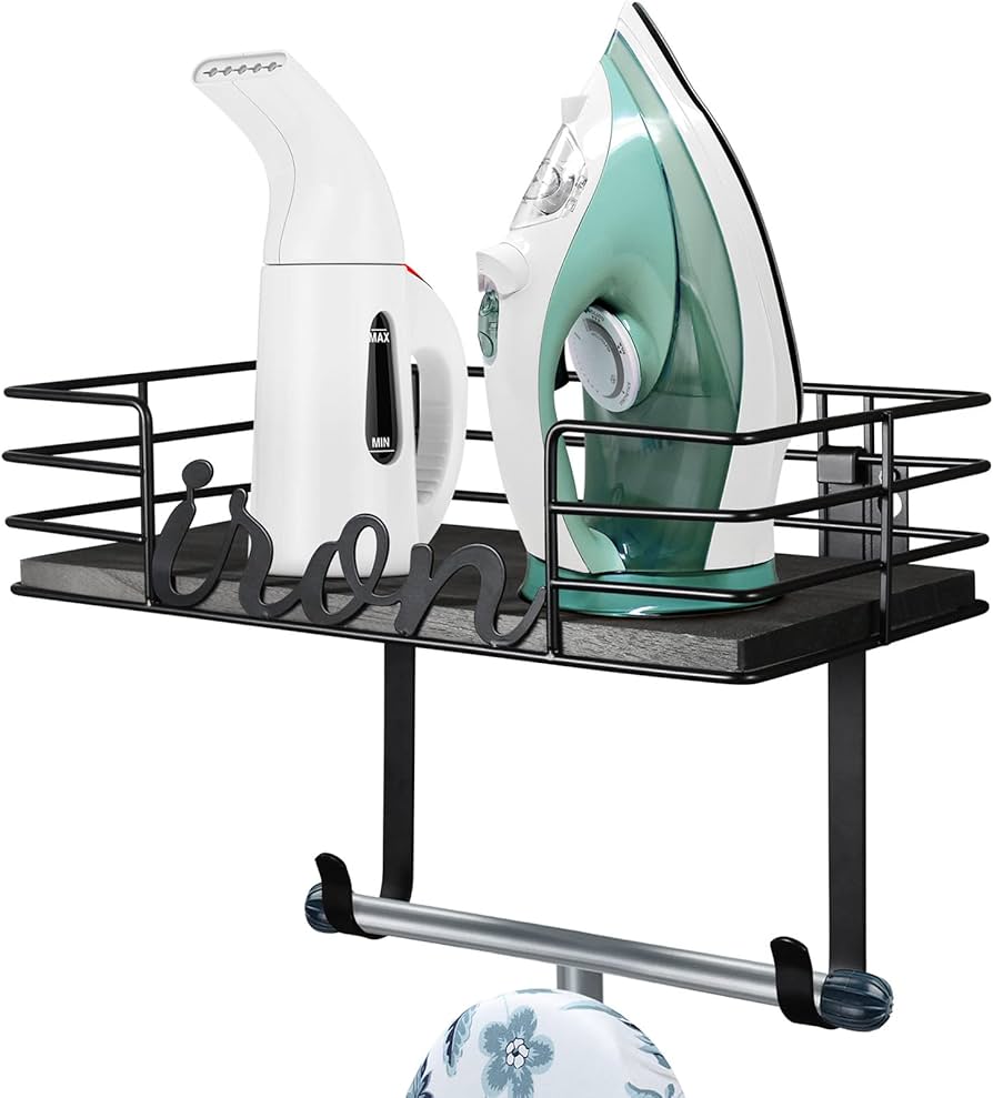 TJ.MOREE Ironing Board Hanger Metal Wall Mount Iron and Ironing Board Holder, Laundry Room Decor and Storage with Large Storage Black