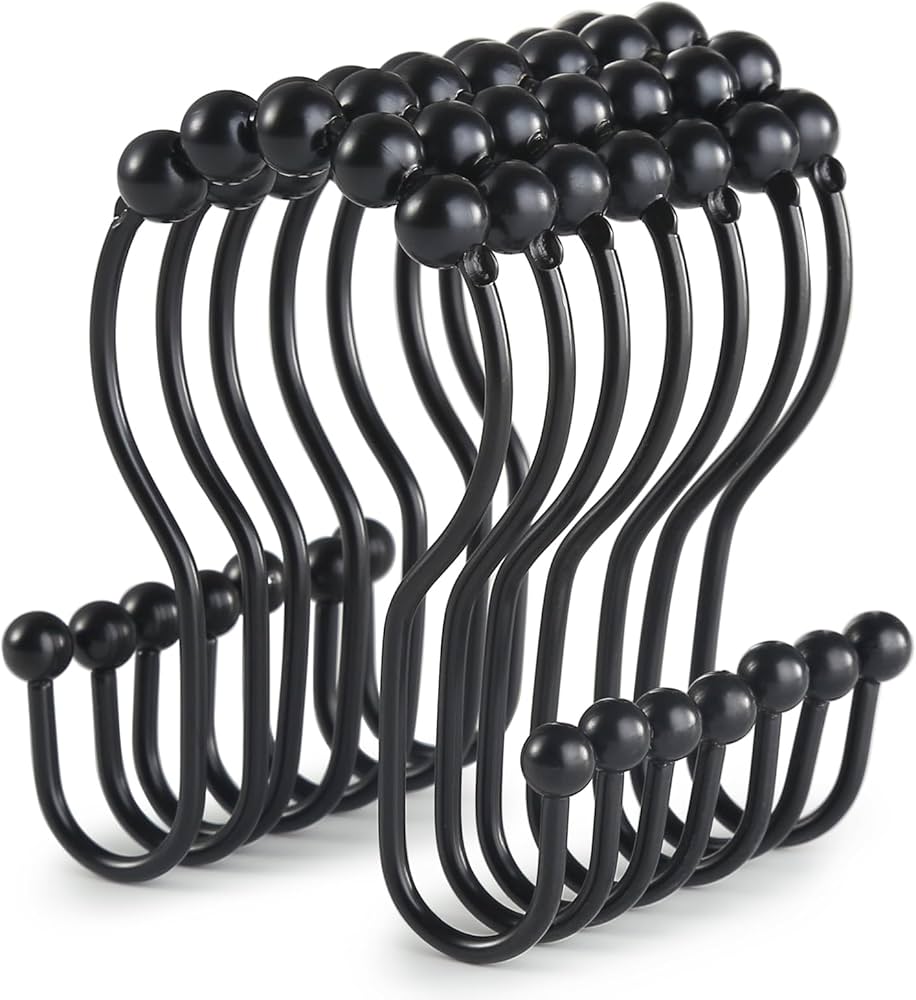 Goowin Shower Curtain Hooks, 12 Pcs Shower Curtain Rings, Durable Rust Proof Black Shower Curtain Hooks, Shower Rings for Curtain, Double Glide Shower Hooks for Shower Curtain Rods, Black
