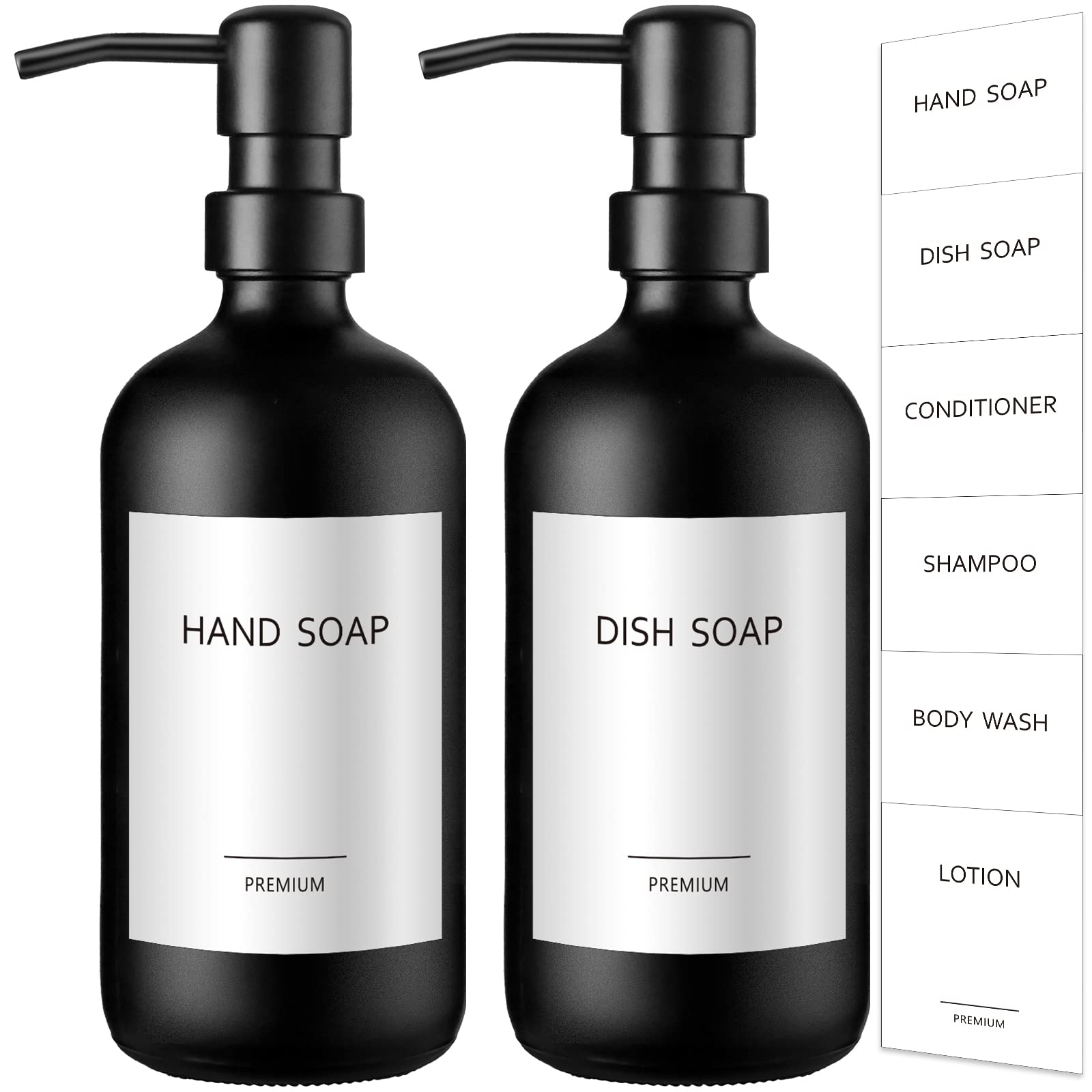 GMISUN Kitchen Soap Dispenser Set, 17 fl oz Dish Soap Dispenser with Ceramic Tray & Bamboo Brush for Kitchen, 2Pcs Matte Black Glass Hand and Dish Soap Dispenser Set, Refillable Soap Bottle Set