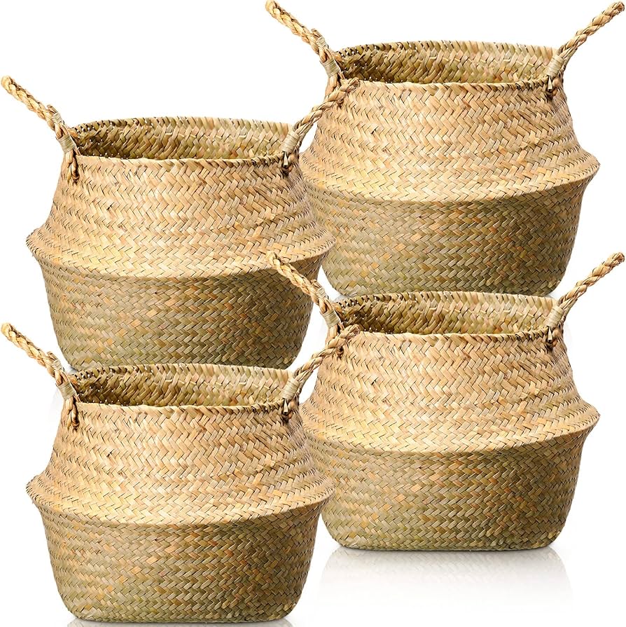 BlueMake Woven Seagrass Wicker Basket with Handle - Planters for Indoor Plants, Storage & Picnic Basket Organizer, Garden Basket Fits 6-7 Inch Plant Pots & Groceries (Small, Original)