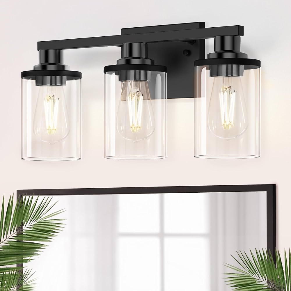 DORESshop Bathroom Light Fixtures, 3-Light Black and Gold Bathroom Lights Over Mirror with Clear Glass Shade,Vanity Lights for Bathroom Hallway Bedroom Living Room, ETL Listed