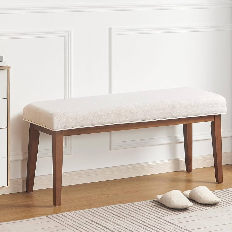 kinmars Upholstered Bench for Bedroom End of Bed,42.5-inch Entryway Bench for Living Room,Dining Bench with Padded Seat and Solid Wood Leg for Kitchen Bedroom,Indoor and Hallway (Bench, Beige)