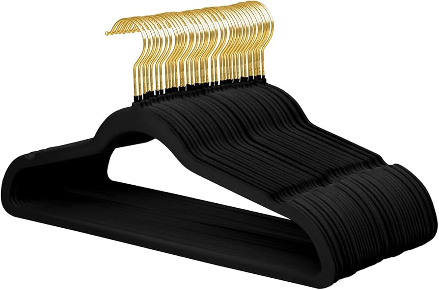 ManGotree Velvet Coat Hangers with 360° Swivel Gold Hook, Non-Slip Felt Suit Hangers, Slim Space Saving Clothes Hanger for Jacket, Sweater, Shirt, Dress, Pants (48 Pack, Black)