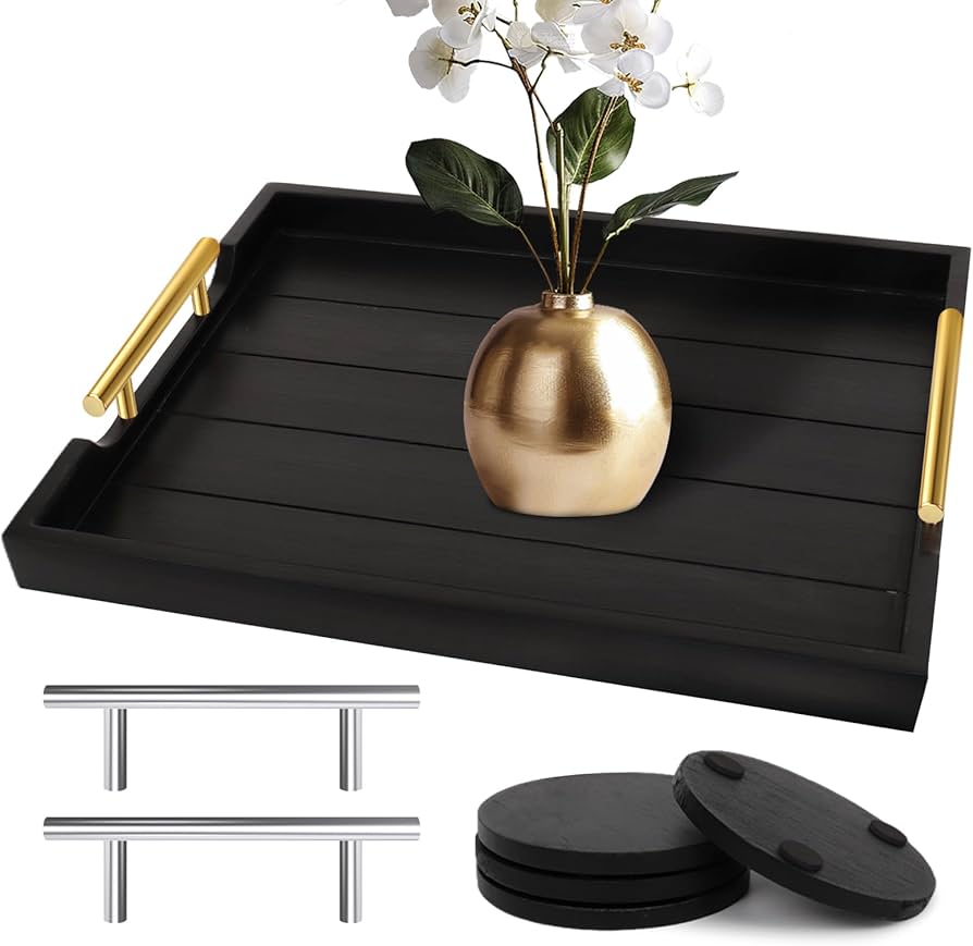 SXNOWS Coffee Table Trays - Large Ottoman Tray for Living Room - Wood Serving Trays with Handles(2 Sets) - Wooden Tray for Coffee Table, 4 Round Coasters Included, Black