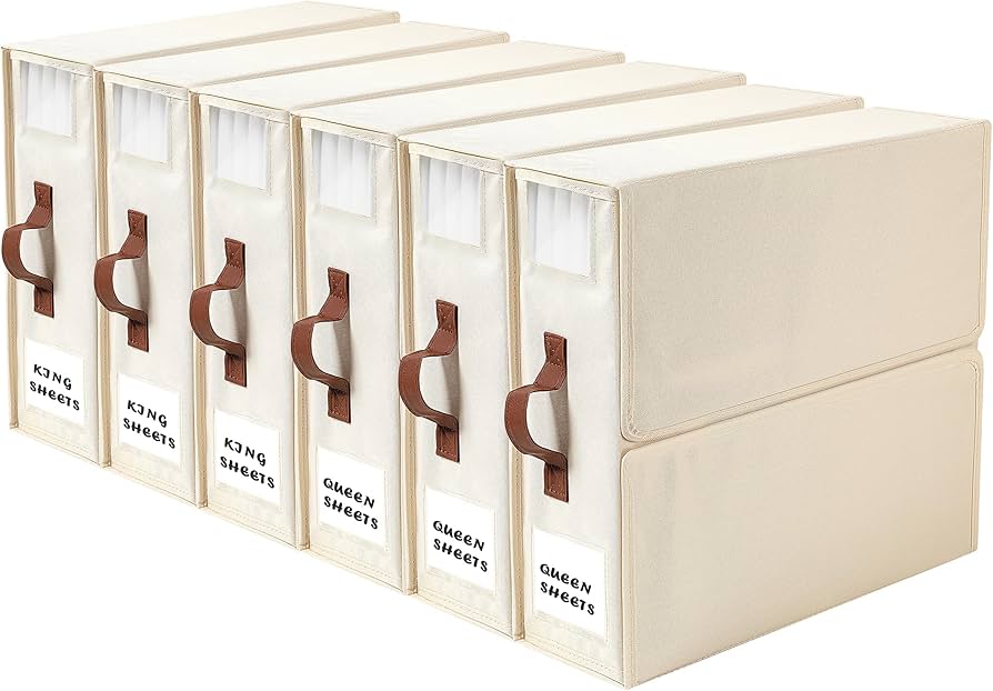BettMorrow 4 Pack Foldable Bed Sheets Set Organizers and Storage(King & Queen Size), Linen Closet Organizers with Clear Window & Label, Flavenly Bedding Storage Box,Under bed Storage (Beige)