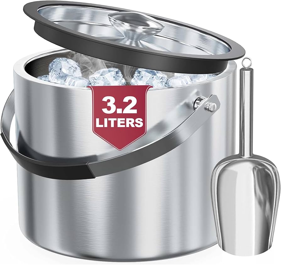 Insulated Ice Bucket with Lid, Strainer, Scoop & Handle - 3L Matte Black Stainless Steel Double Wall Ice Bucket with Airtight Lid & Comfortable Carry Handle - Large Ice Buckets for Parties with Lid