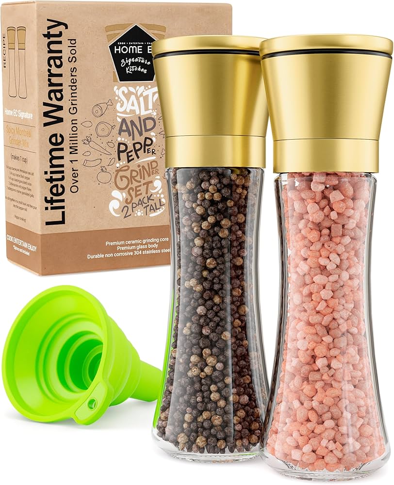 Home EC Original Gold Salt and Pepper Grinder Set of 2 - Adjustable Ceramic Grinder - Tall Glass Salt and Pepper Shakers With Funnel and Ebook - Kitchen Spice Mill - Gold Kitchen Accessories
