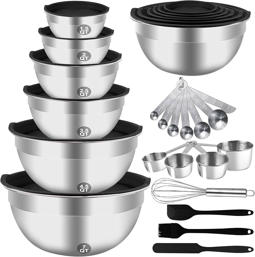 WEPSEN Mixing Bowls Set, 27PCS Stainless Steel Mixing Bowl with Lid Set, Large Nesting Bowls 7, 4.5, 3, 2.5, 2, 1.5QT, Measuring Cups and Spoons Baking Utensils Metal Bowl for Kitchen Prep