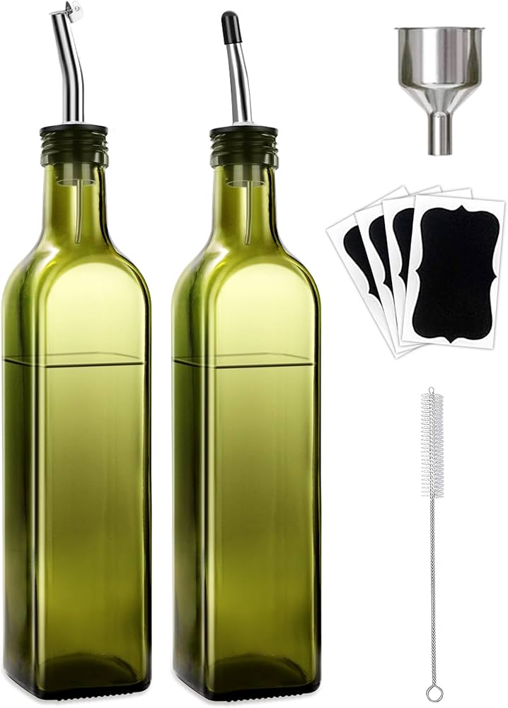 Leaflai 2 Pcs Green Glass Olive Oil Dispenser and Vinegar Dispenser Set with 2 Stainless Steel Pourers, 4 Labels, 1 Brush, 1 Funnel (500ml) for Kitchen, Cooking, Salad Dressing, Barbecue, Mixing