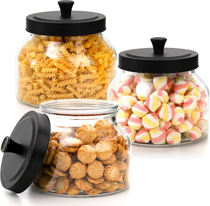 AVLA 3 Pack Glass Jars with Metal Lid, 58 OZ Clear Round Cookie Candy Jar, Food Storage Container with Black Lid, Empty Canister Set for Kitchen Counter, Pasta, Dog Treat, Snack