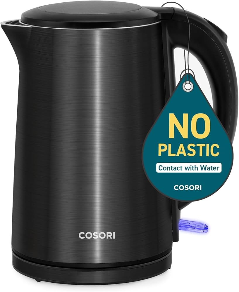 Cosori Electric Kettle, No Plastic Filter & Spout, 1.8Qt Tea Kettle & Hot Water Boiler For Coffee & Tea, Water Heater & Teapot, Automatic Shut Off, Borosilicate glass, Black, 1500W