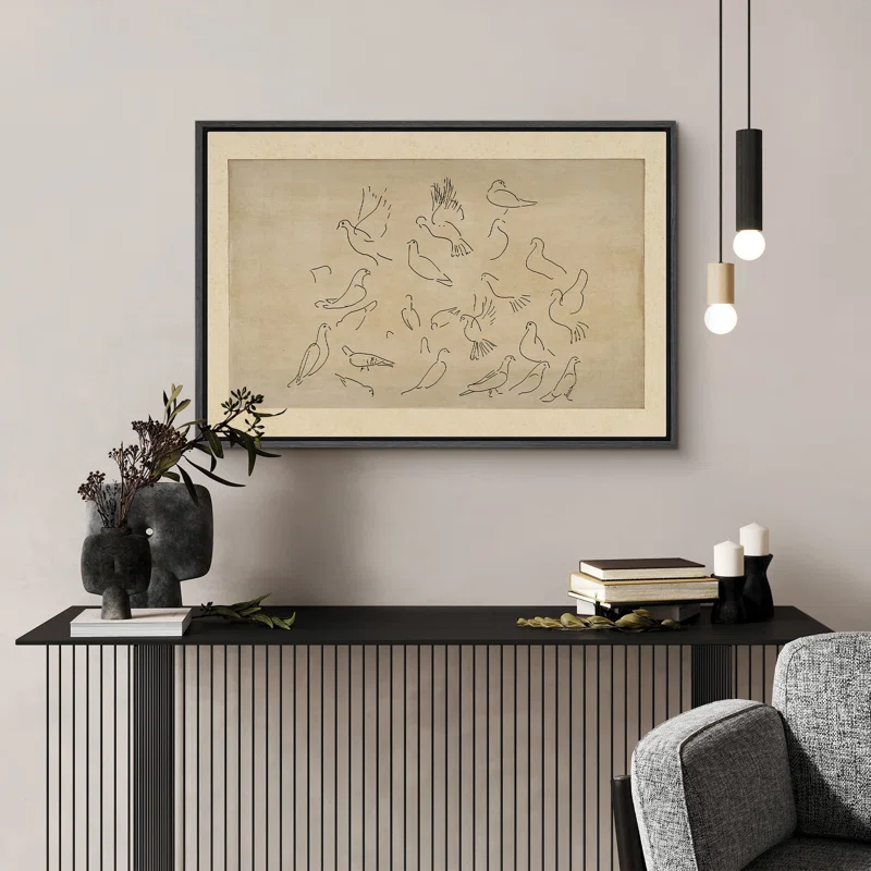Animals Minimalist Bird Line Artwork, Hand-Drawn Bird Sketch on Vintage Beige Background Modern Abstract Office Wall Pictures, Giclee Canvas Digital Print Framed Wall Art