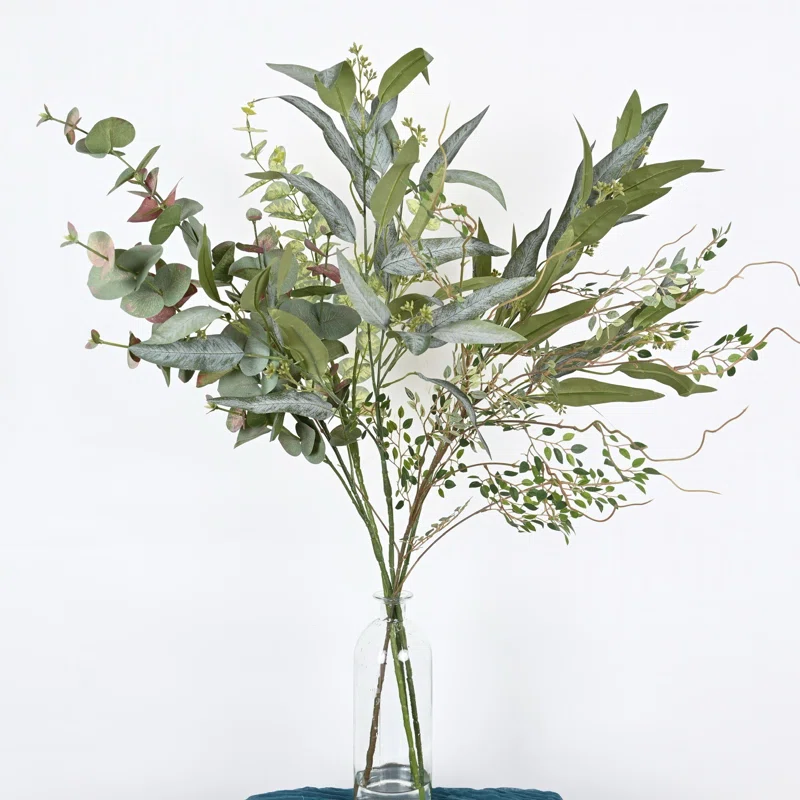 Artificial Farmhouse Greenery Eucalyptus Foliage Faux Sprays With Glass Bottle Faux Water, Long Stem Blossoms Cluster Leaves For Dining Table Centerpieces, Home Office Wedding Party Decor