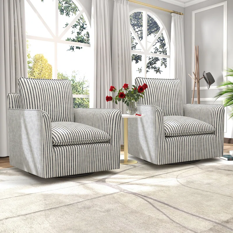 Romines 29.7" W Modern Soft Stripe Upholstered Swivel Barrel Chair with Removable Cushion (Set of 2)
