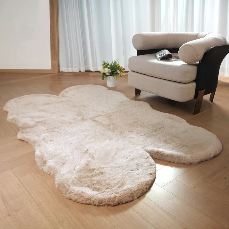 Tristion Cozy Faux Rabbit Fur Area Rug Machine Washable Rug in Beige