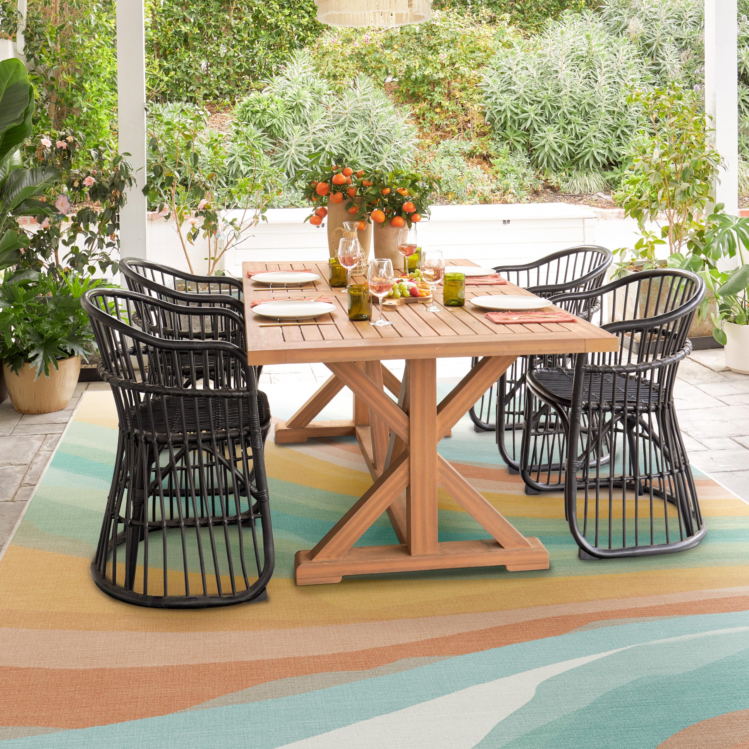 RUGGABLE Washable Area Rug – Outdoor Watercolor Waves Copper Jade 9x12, Stain-Resistant, Non-Slip – Large Machine Washable Rugs for Entryway, Patio, Balcony, Deck, & Porch–with Standard Pad